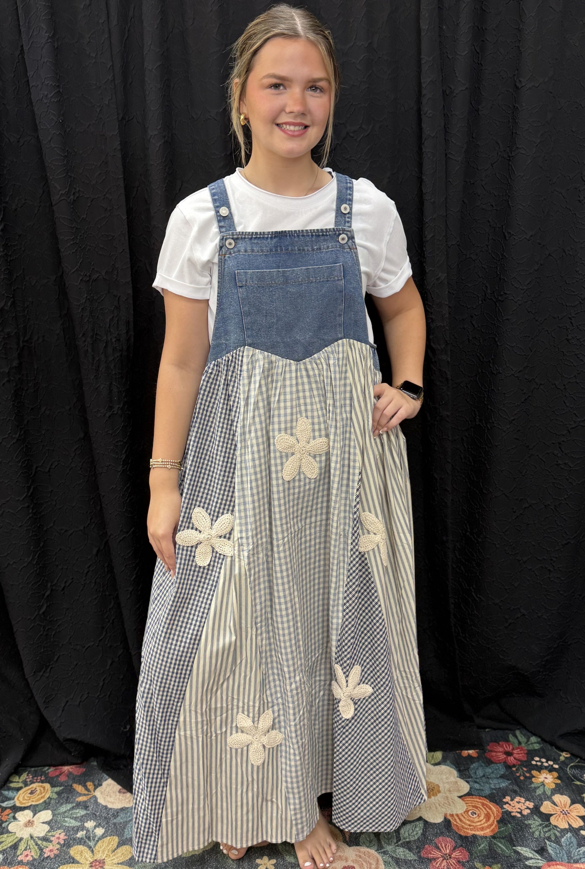 FLORAL GINGHAM OVERALL DRESS