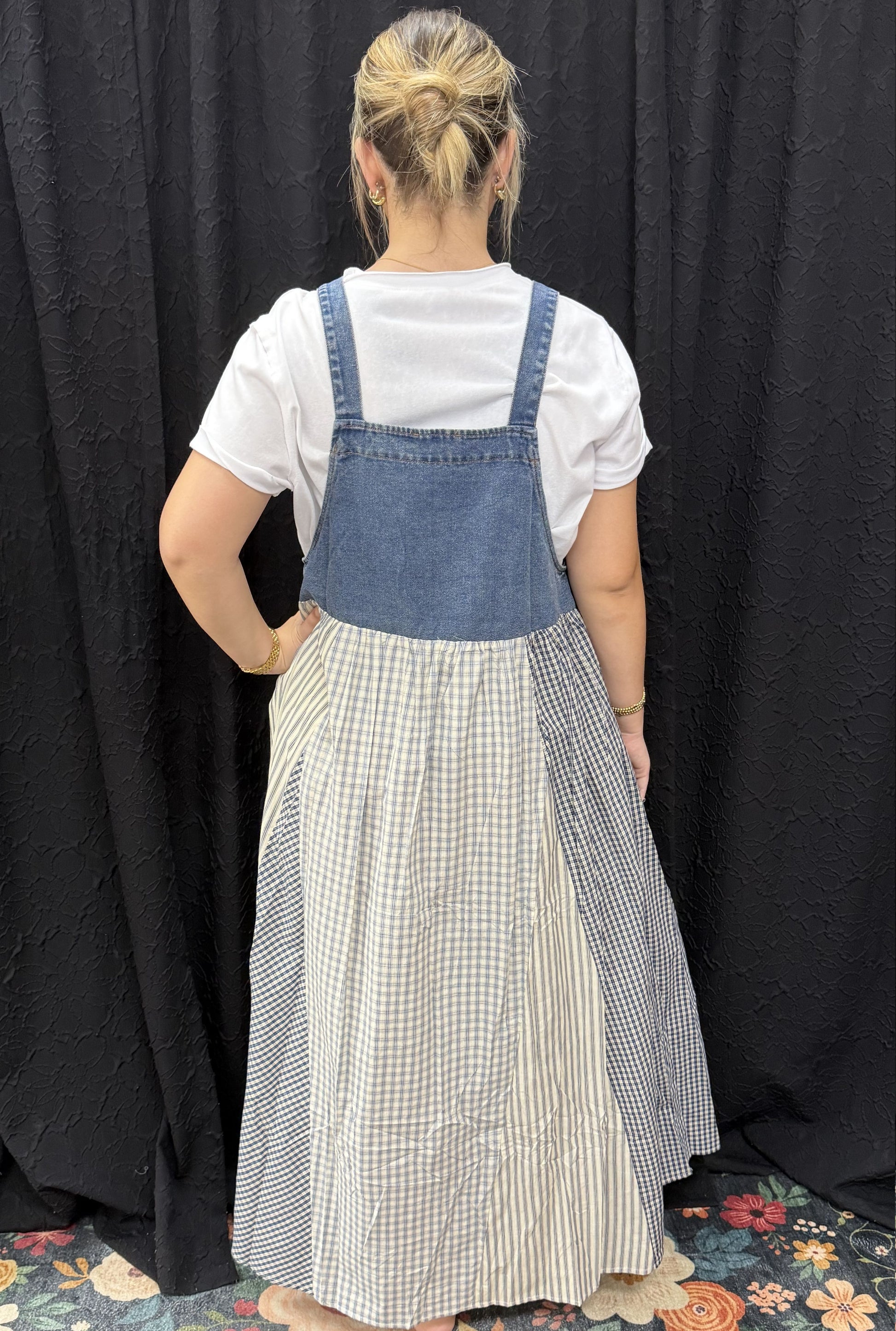 FLORAL GINGHAM OVERALL DRESS