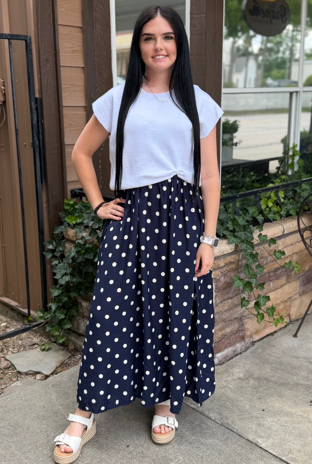 NAVY POLKA DRESS WITH SWEATER