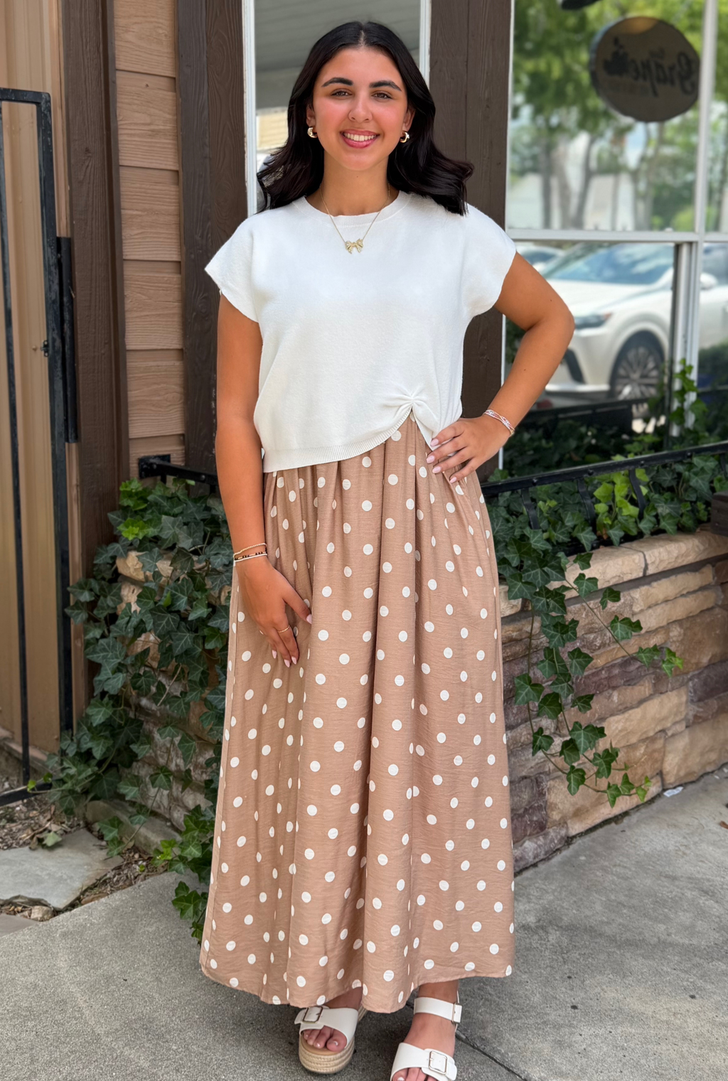 BEIGE POLKA DRESS WITH SWEATER
