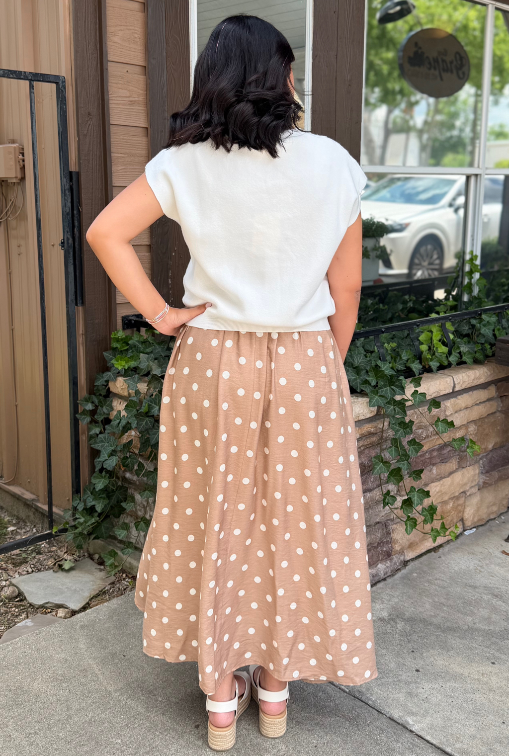 BEIGE POLKA DRESS WITH SWEATER