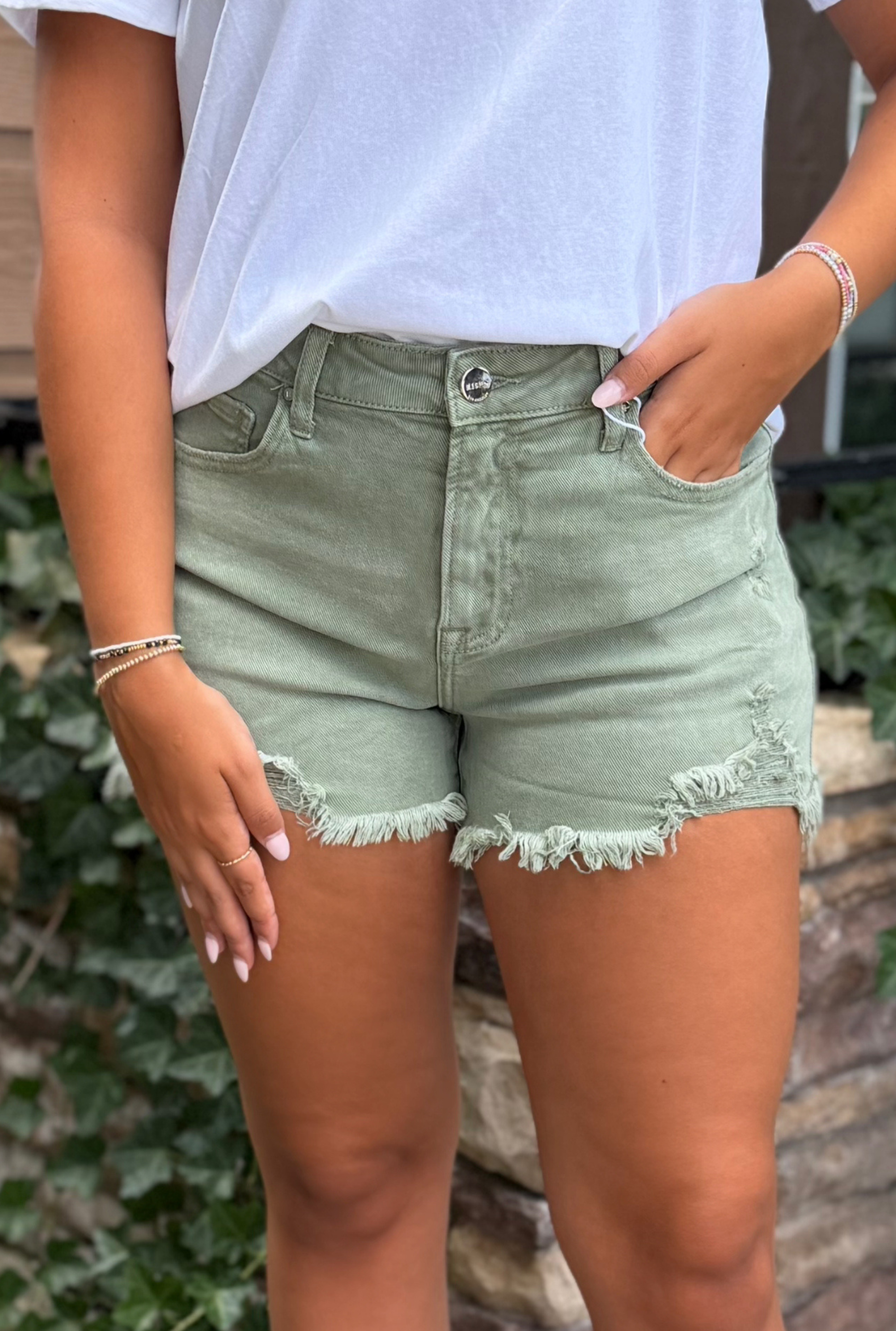 OLIVE MID RISE SHORTS