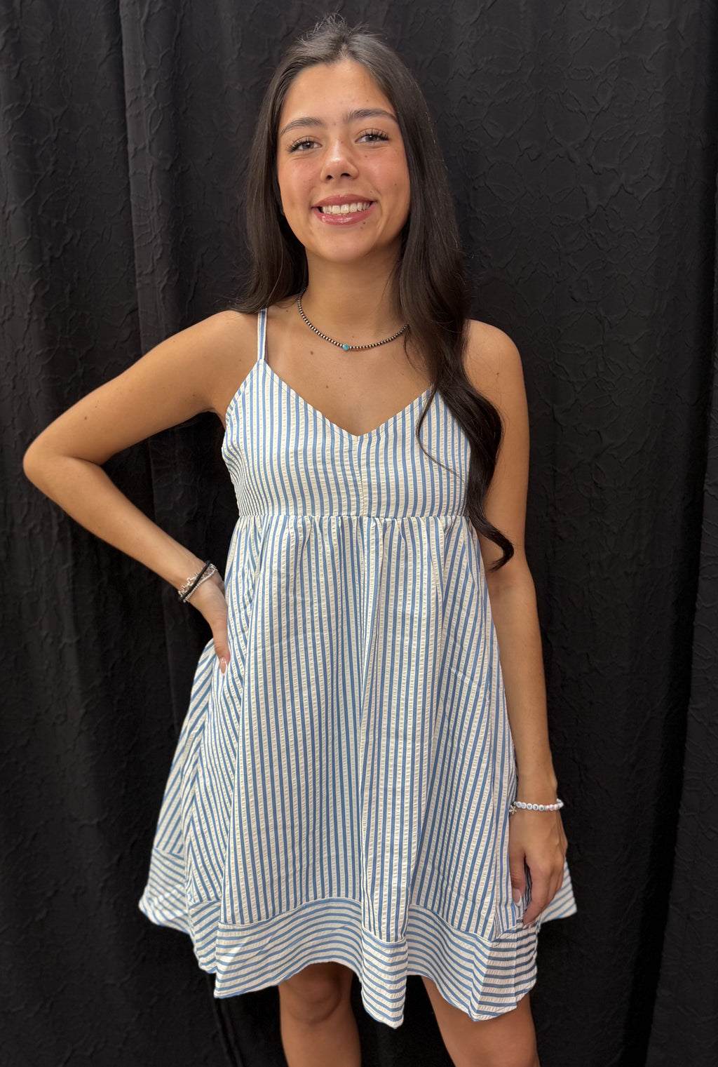 BLUE BABYDOLL BOW DRESS