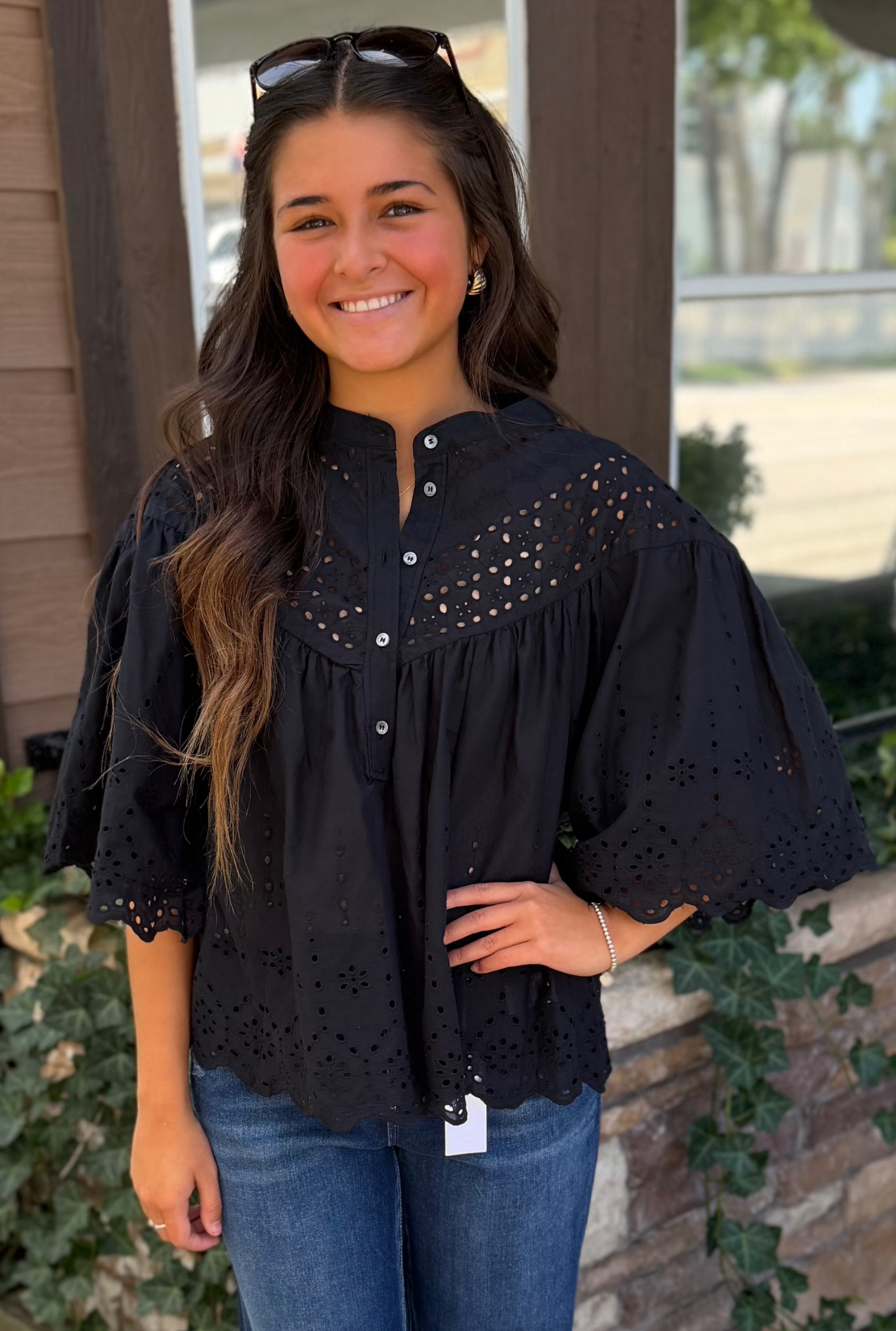 NAVY EYELET TAYLOR TOP