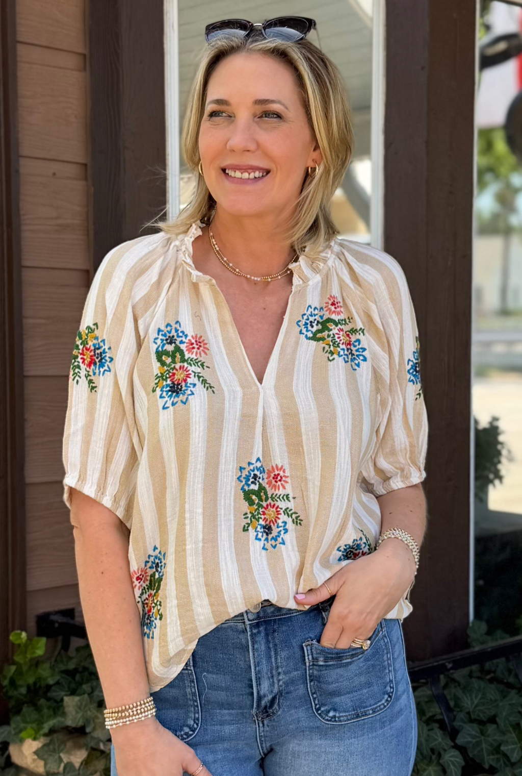 STRIPED EMBROIDERED BAILEY TOP