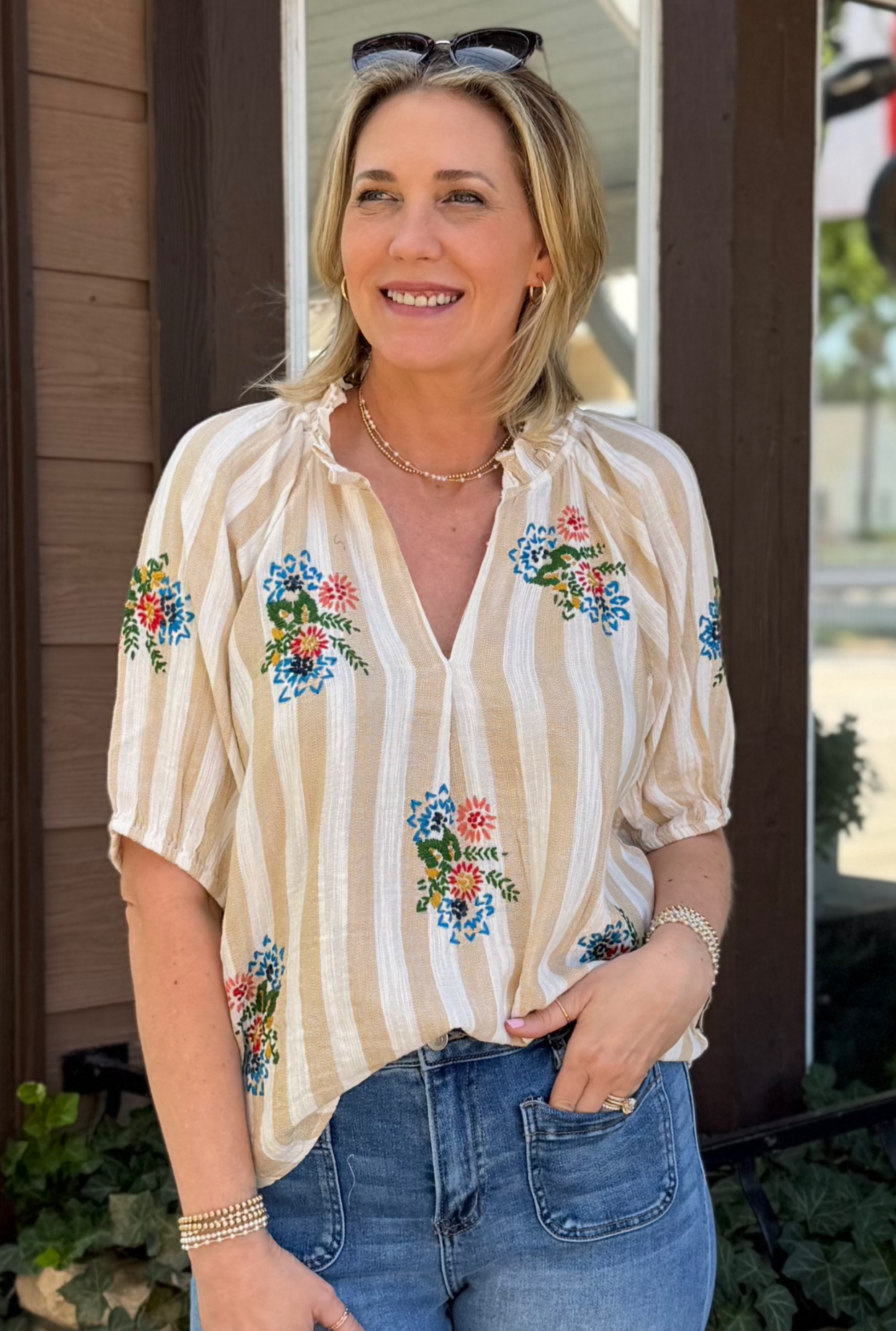 STRIPED EMBROIDERED BAILEY TOP