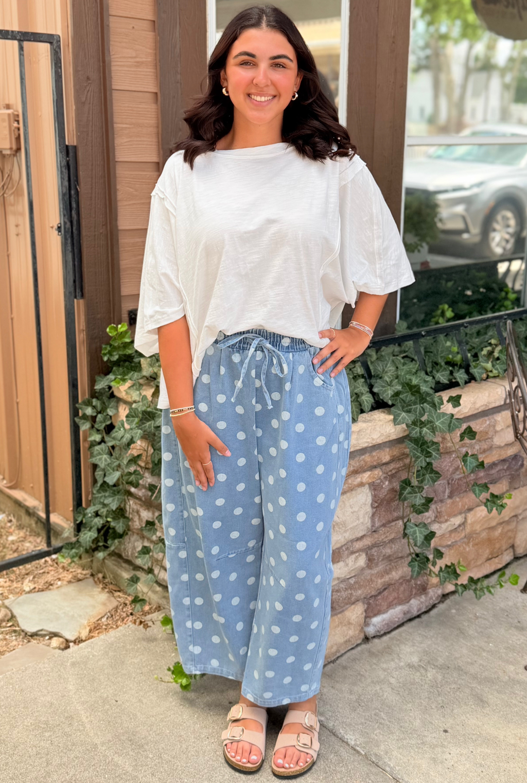 DENIM BARREL POLKA DOT PANTS