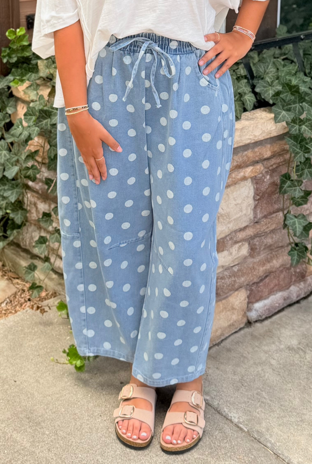 DENIM BARREL POLKA DOT PANTS