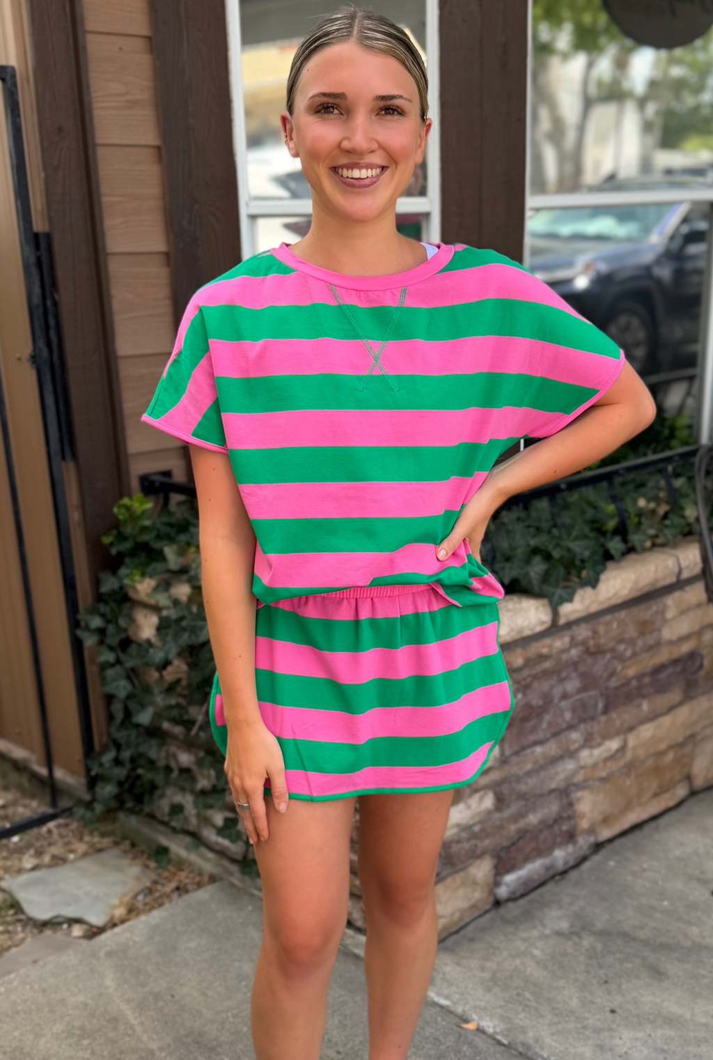 GREEN STRIPED SKIRT SET