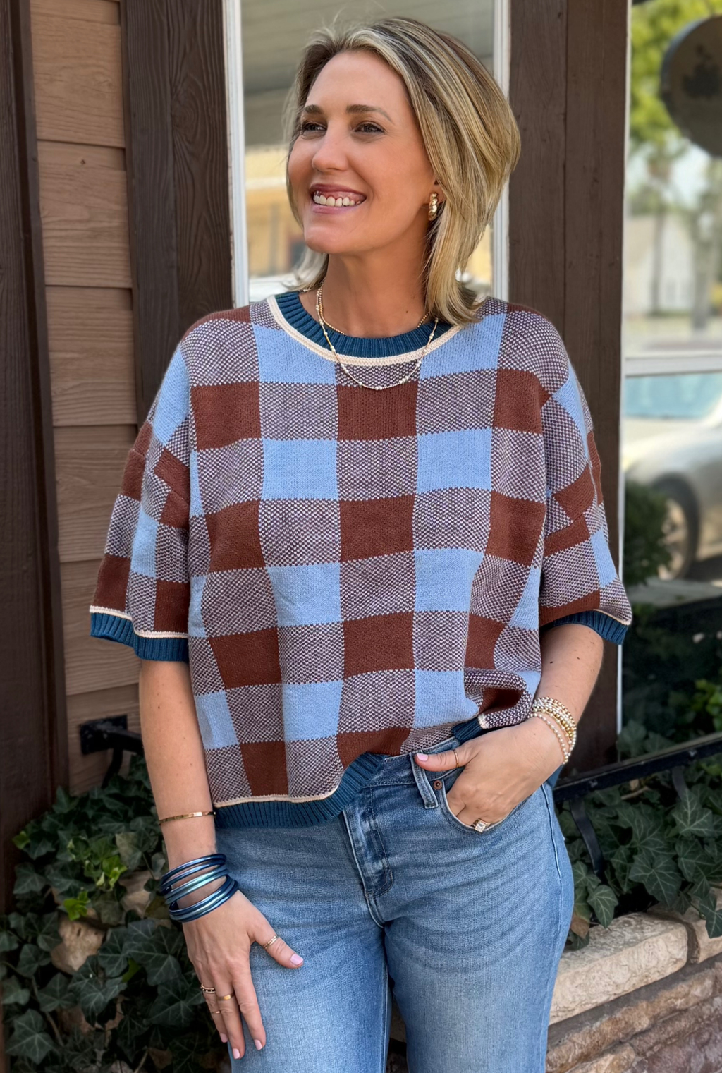 BLUE GINGHAM SWEATER