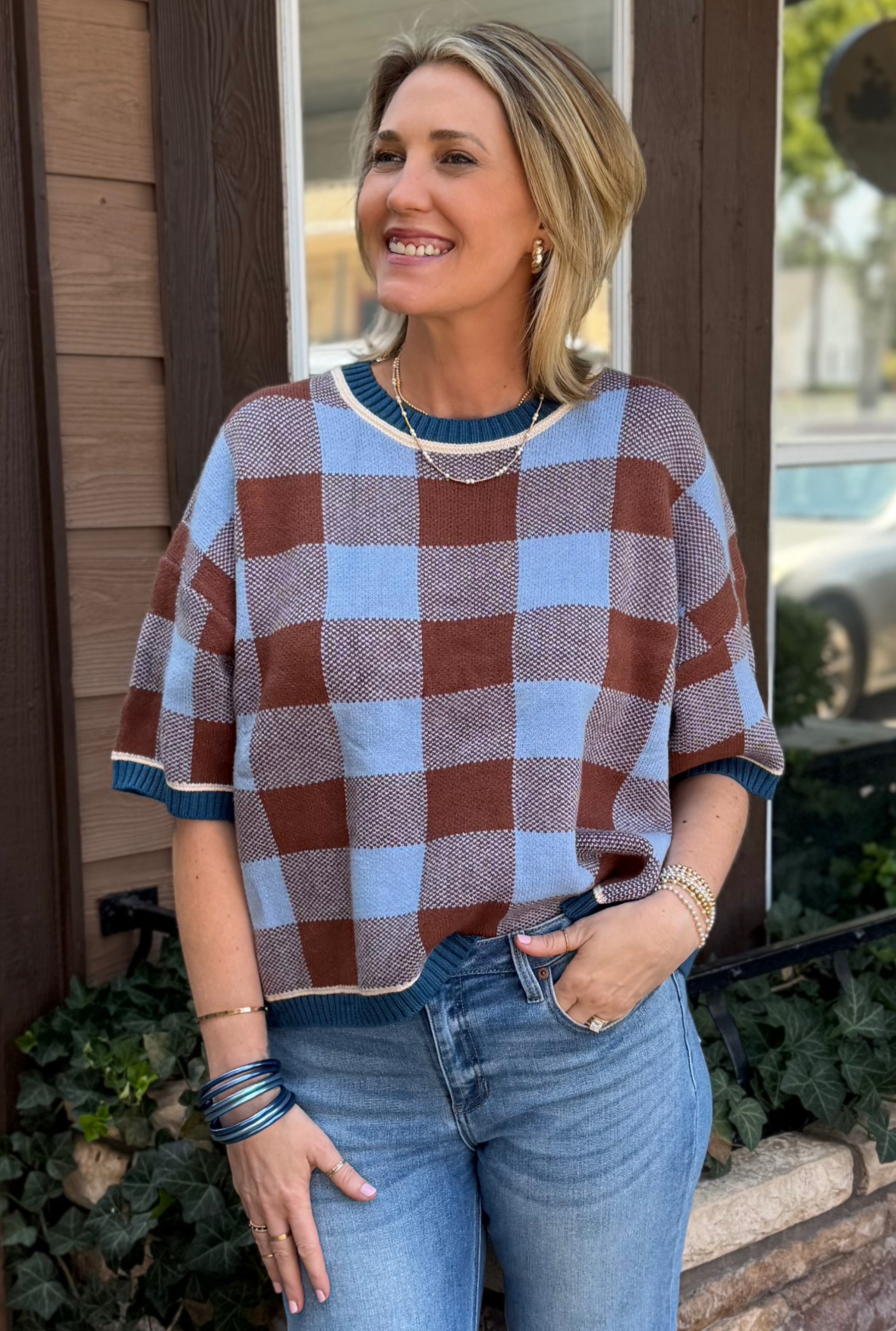 BLUE GINGHAM SWEATER