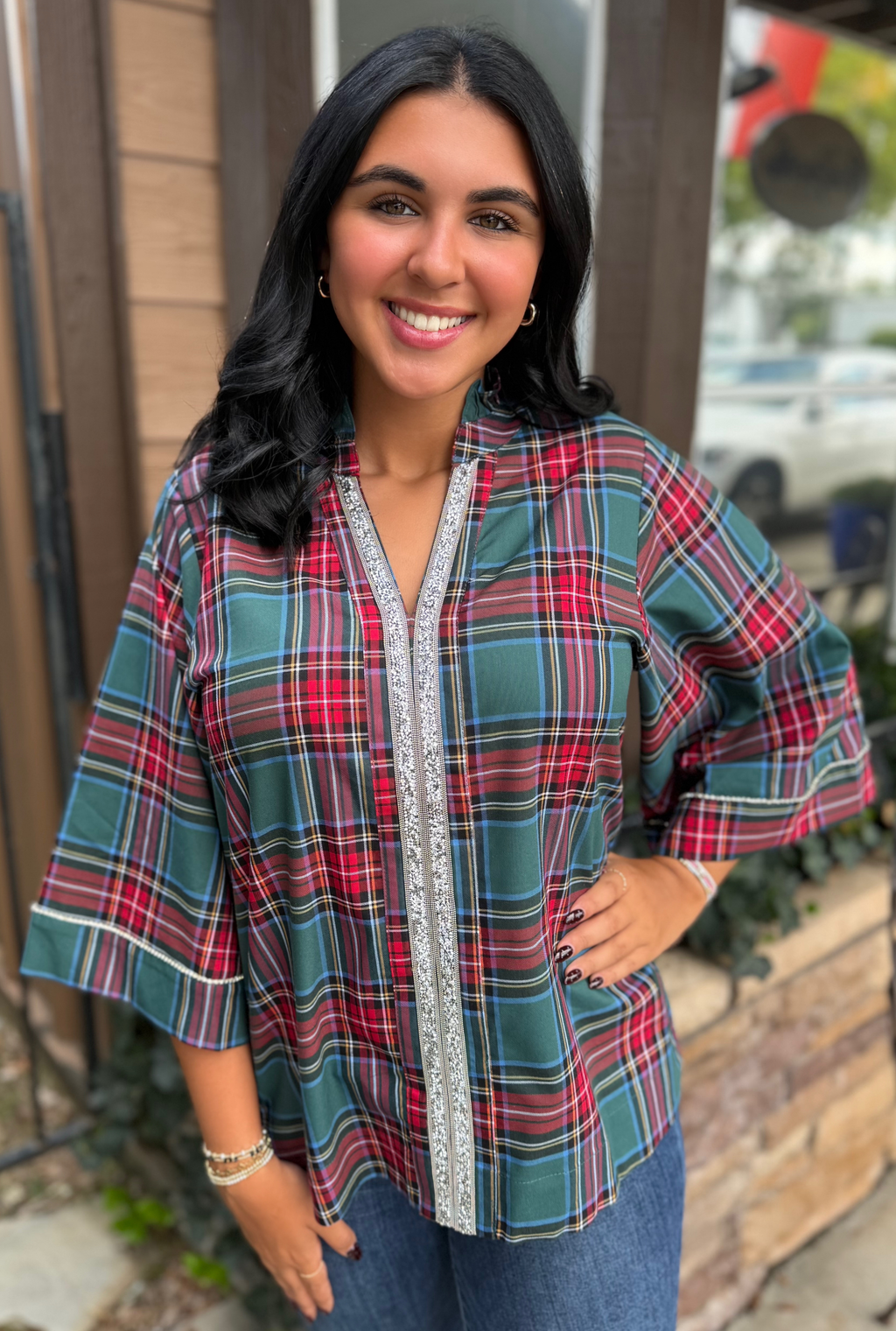 GREEN JOLLY PLAID TOP