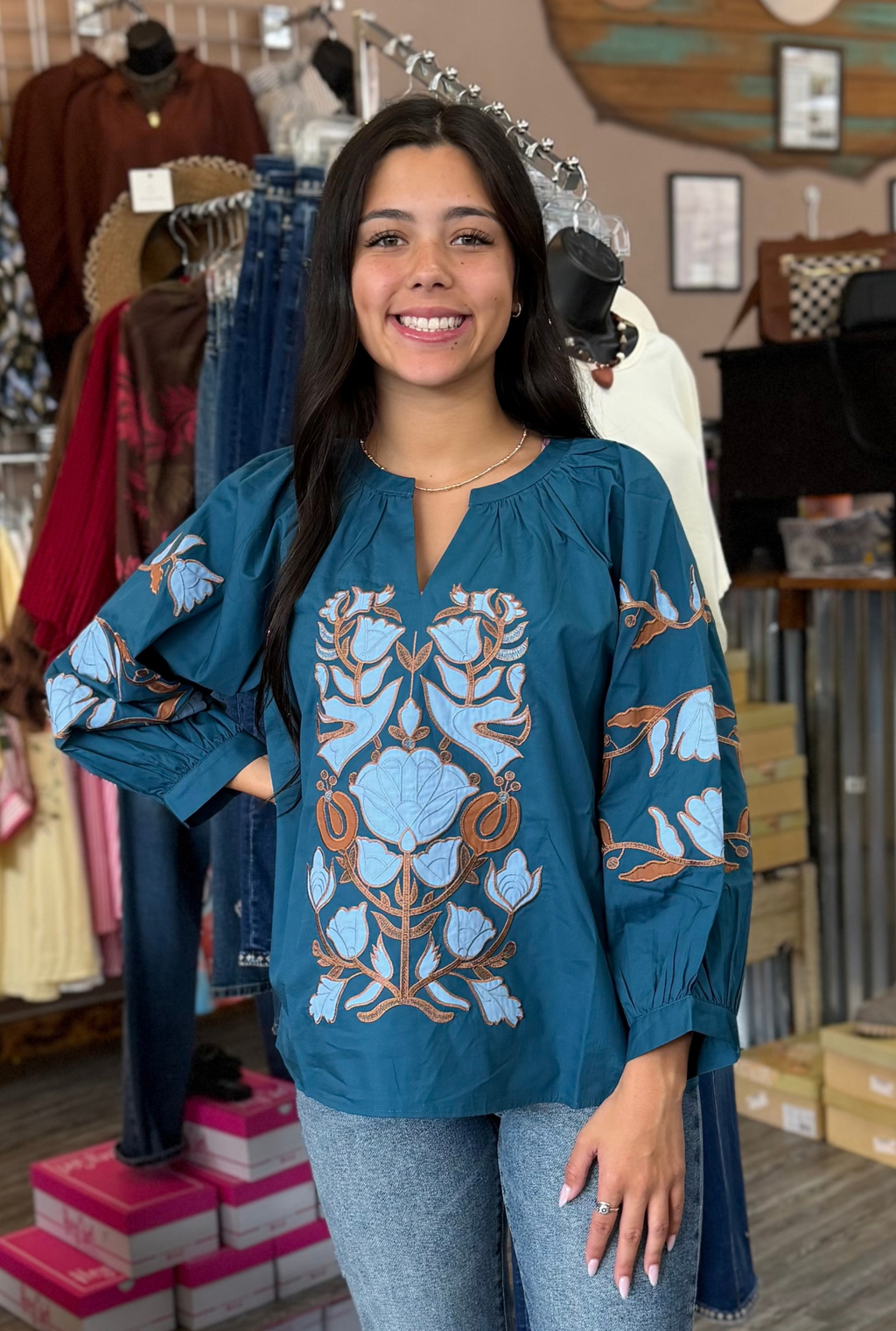 TEAL EMBROIDERED ELSIE TOP