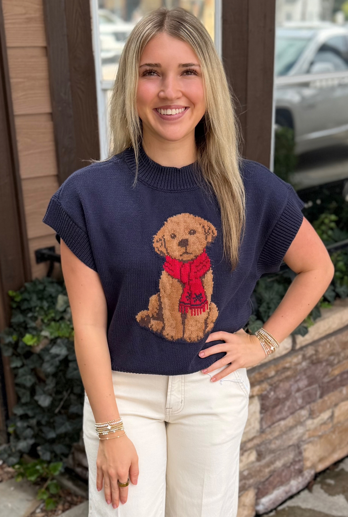 NAVY PUPPY SHORT SLEEVE PUPPY SWEATER