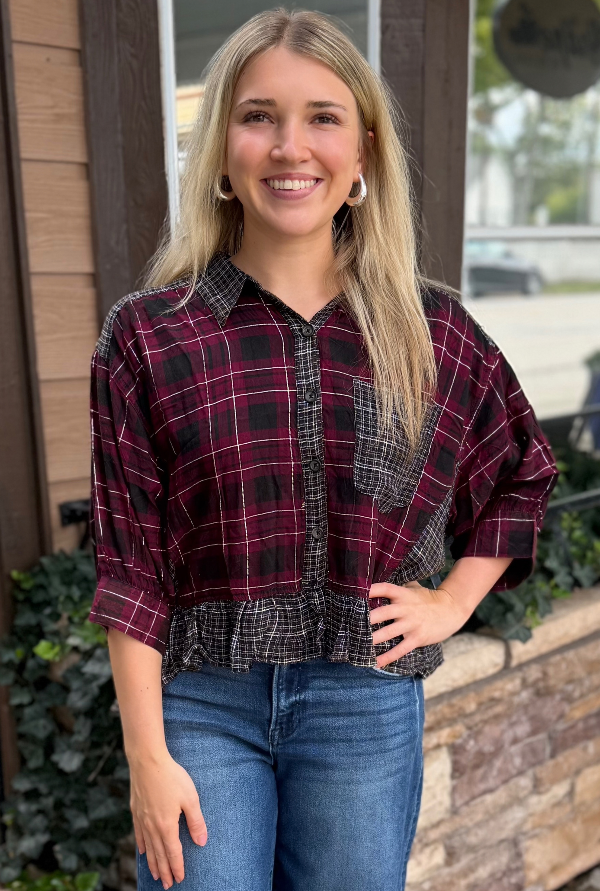 MIXED PLAID RUFFLE TOP