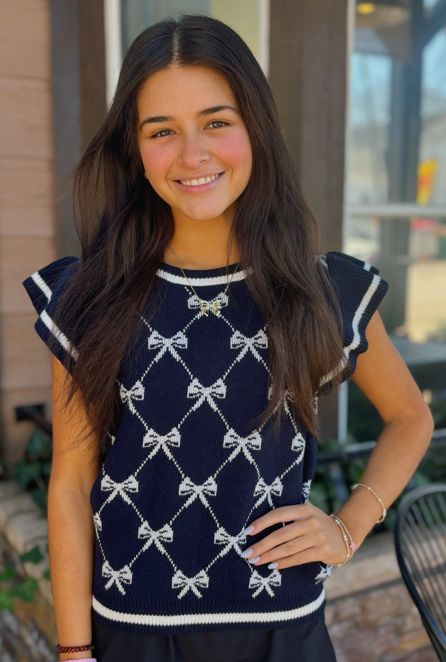NAVY PERFECT BOW SWEATER TOP