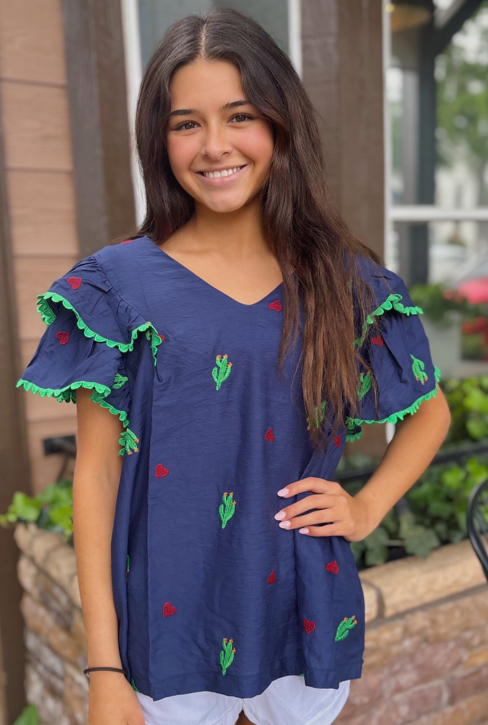 NAVY CACTUS EMBROIDERED TOP