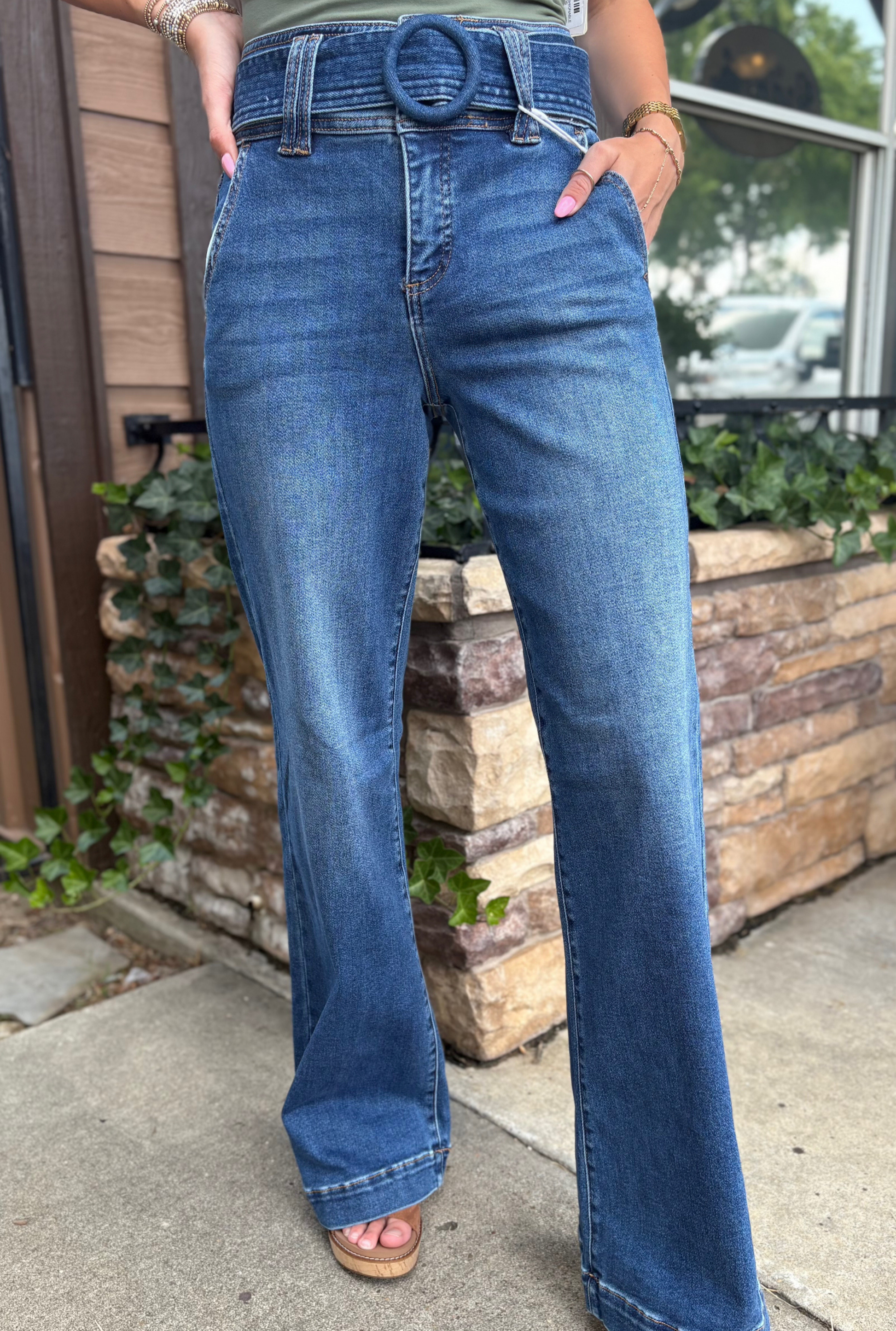 TUMMY CONTROL HIGH RISE WIDE LEG SELF BELTED JEANS