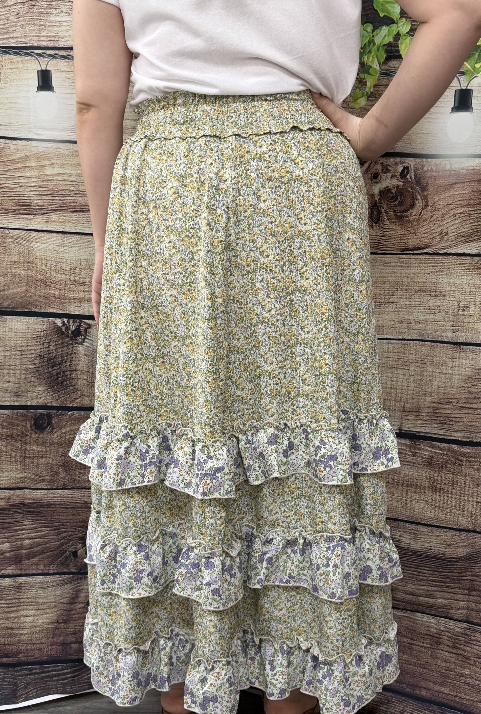 Green Floral Ruffle Maxi Skirt