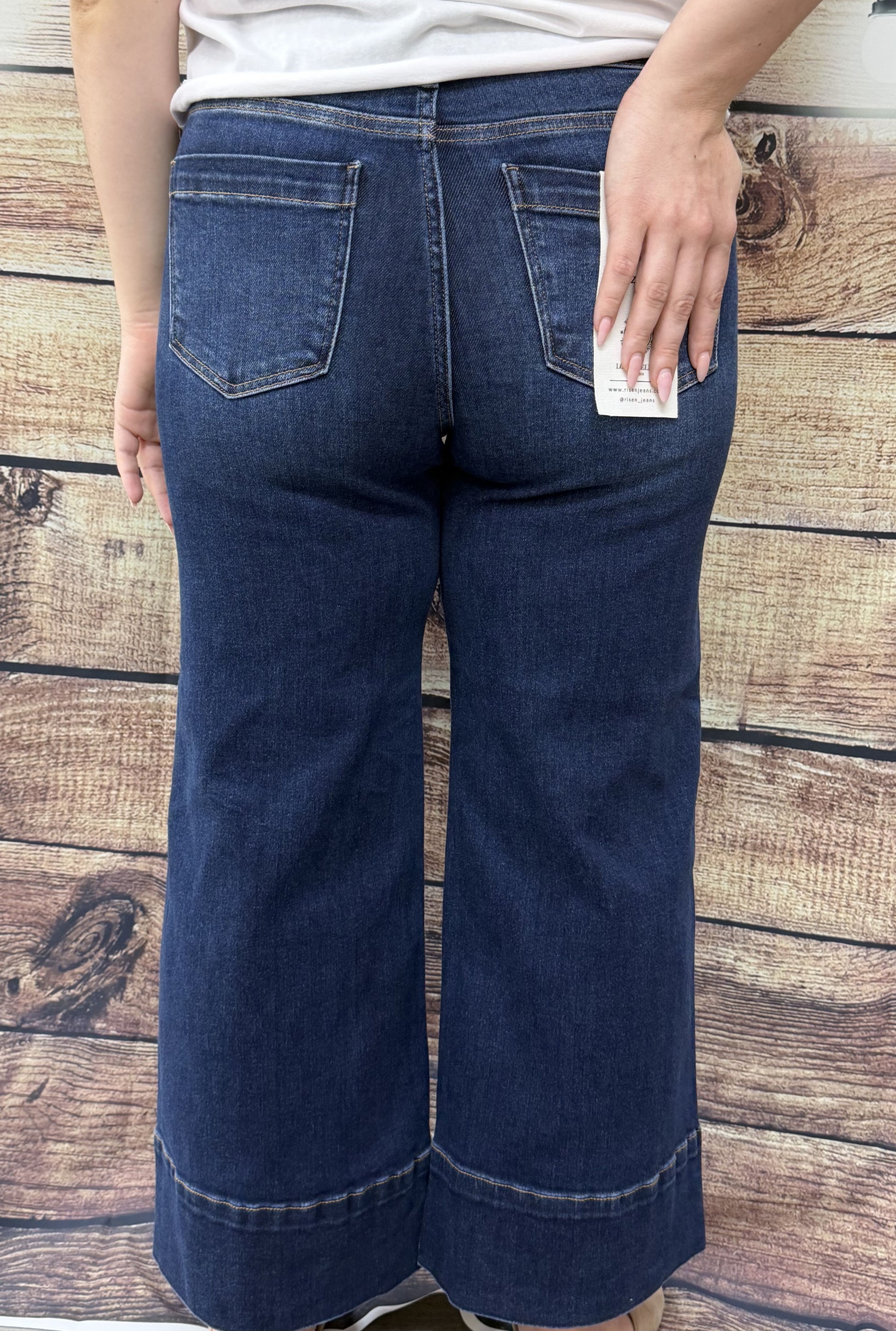 DARK TUMMY CONTROL MID RISE CROP WIDE PINTUCK FRONT JEANS