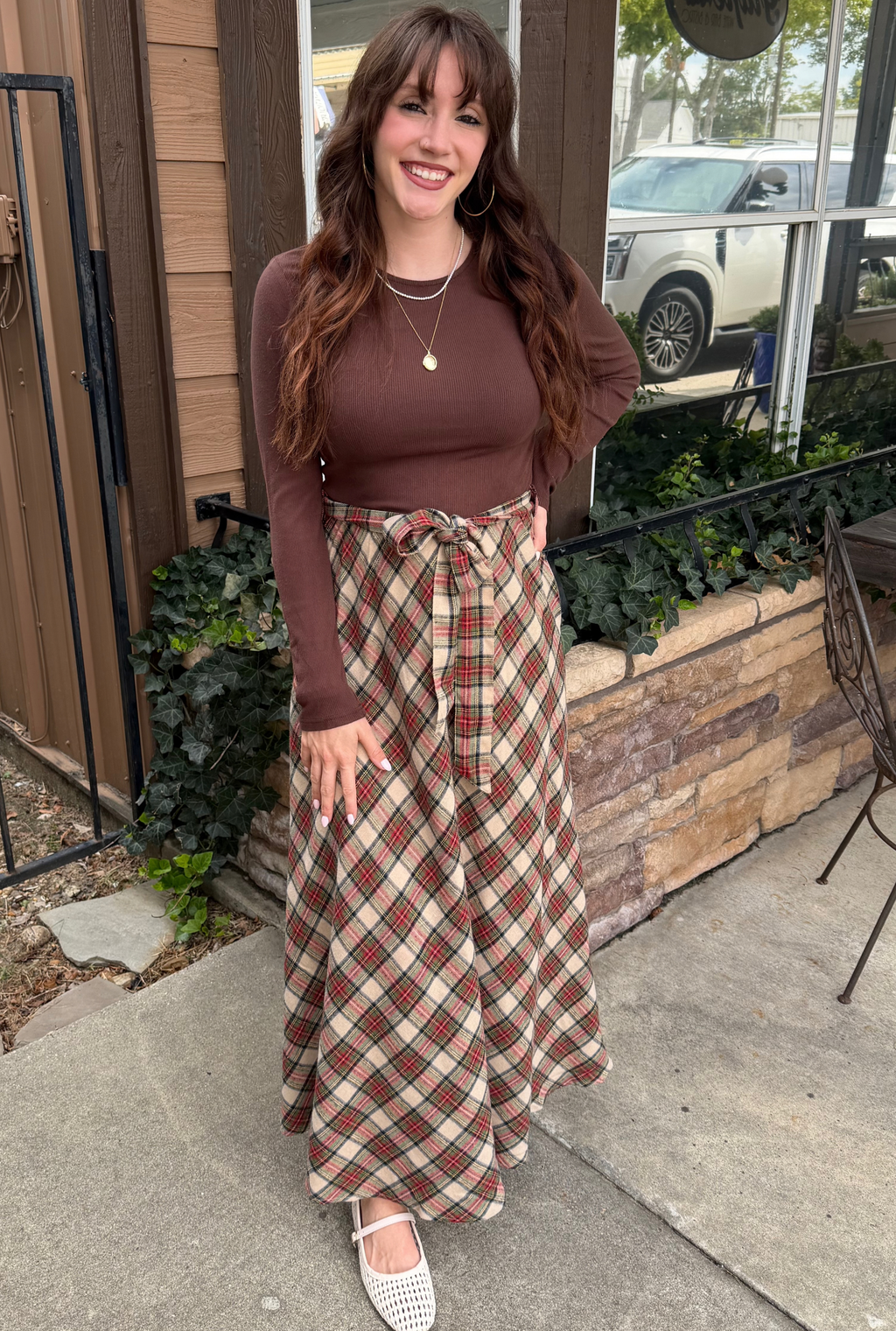 BROWN HOLLY PLAID DRESS