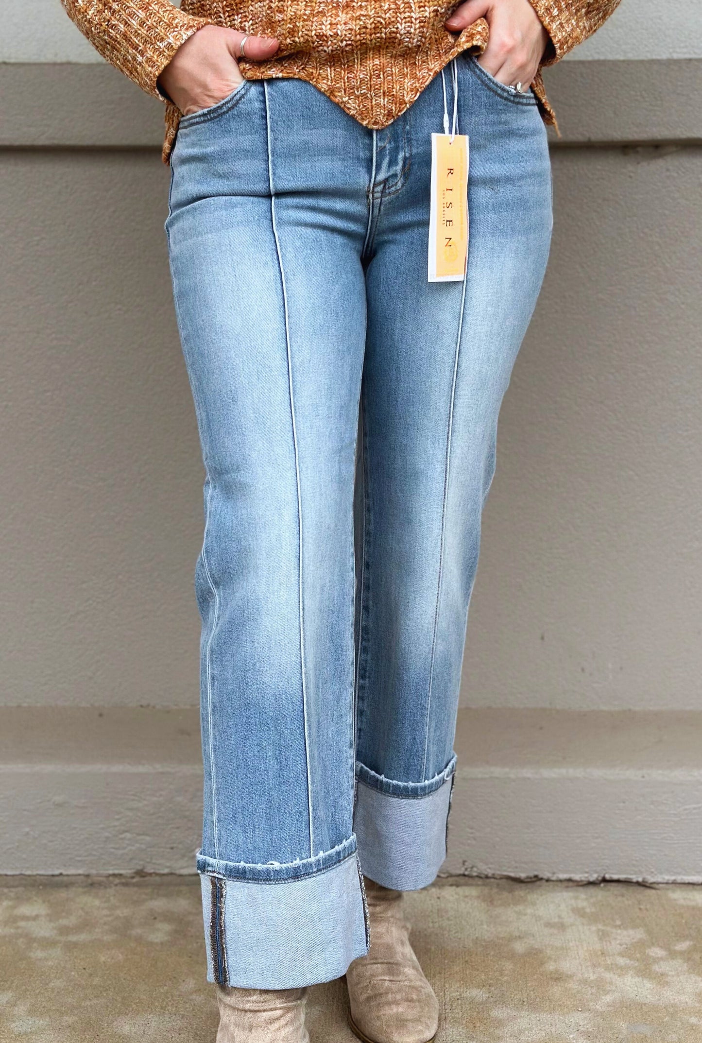 HIGH RISE ANKLE STRAIGHT WIDE CUFFED JEANS