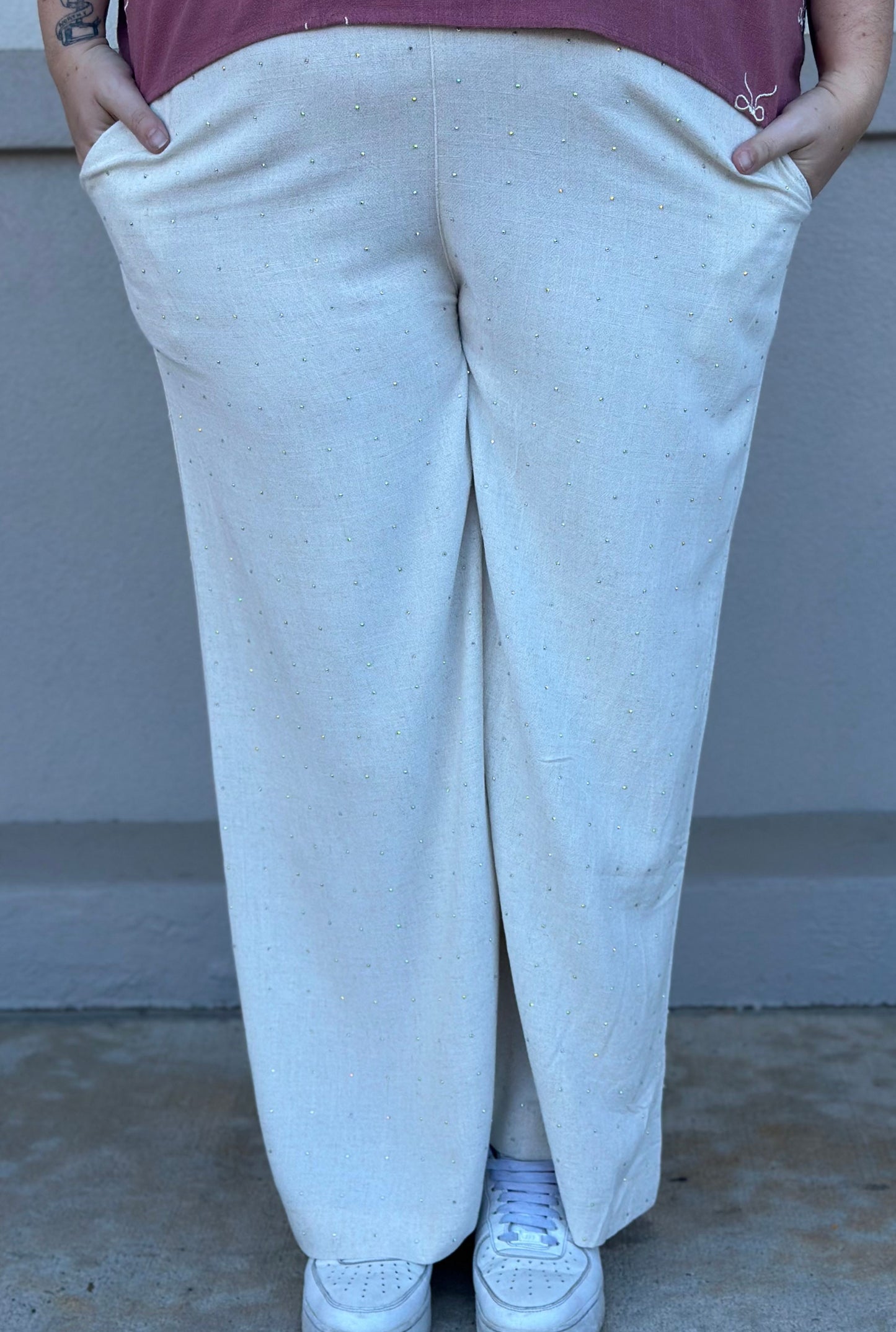 CURVY OATMEAL RHINESTONE PANTS