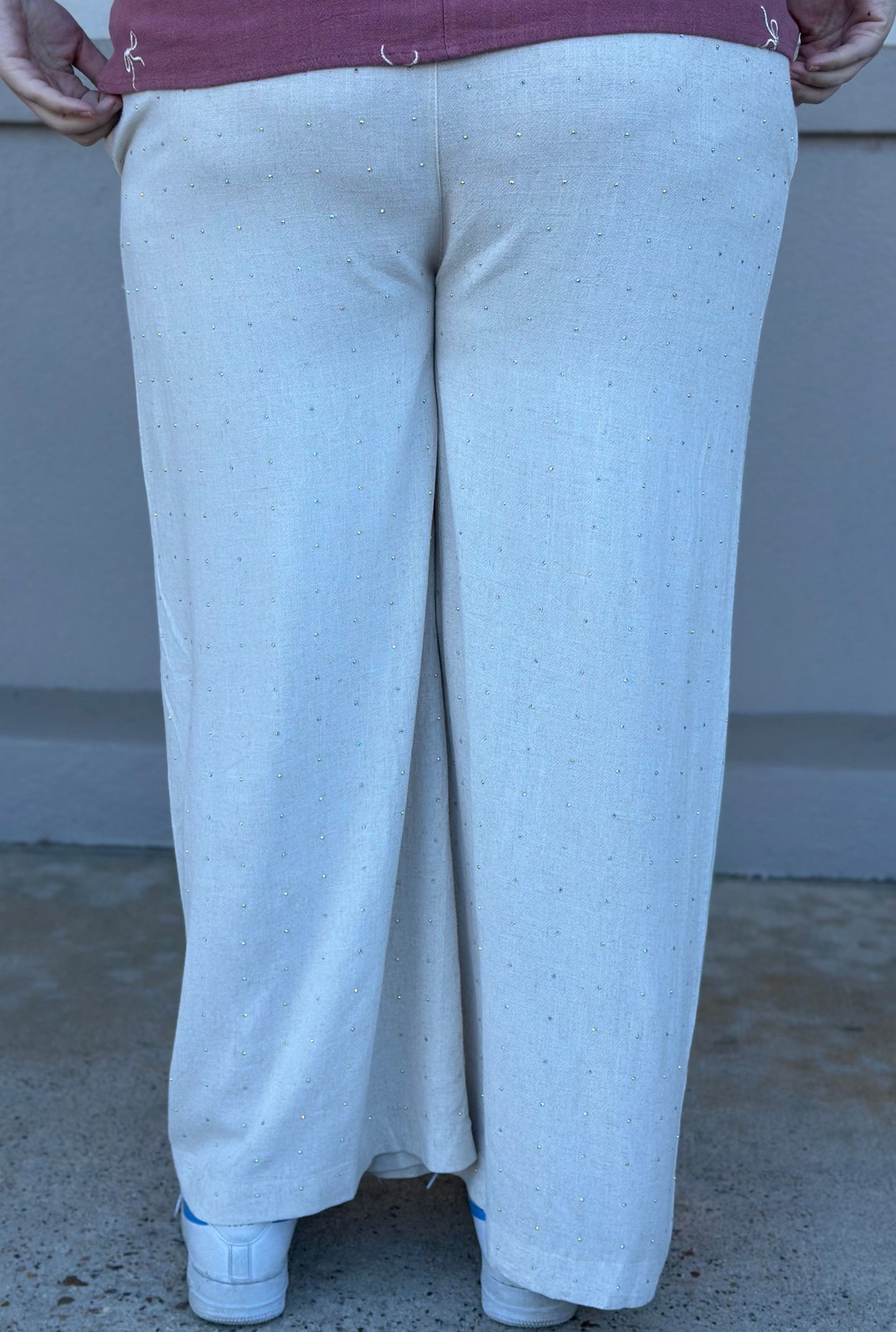 CURVY OATMEAL RHINESTONE PANTS