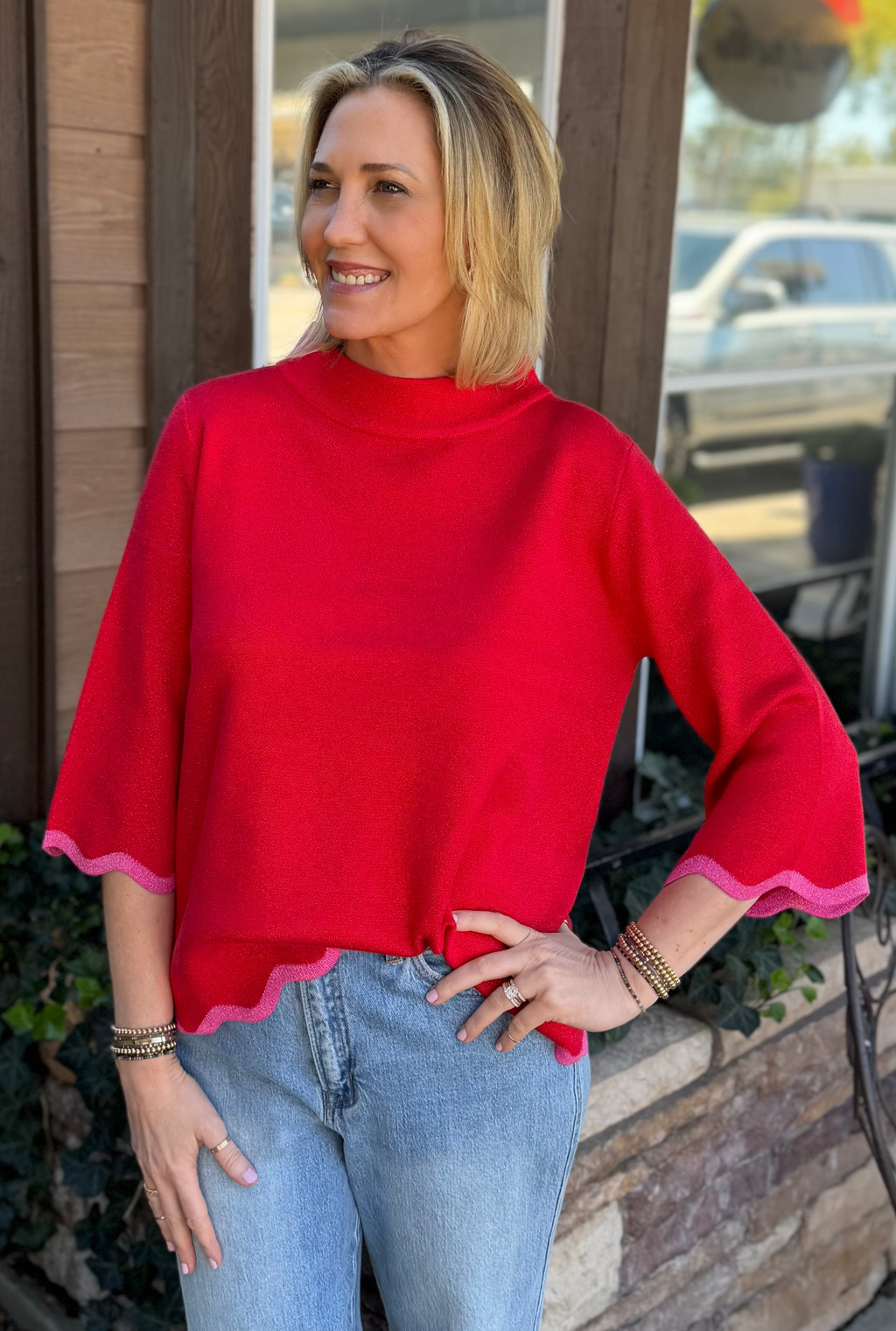 PINK HEM RED SWEATER