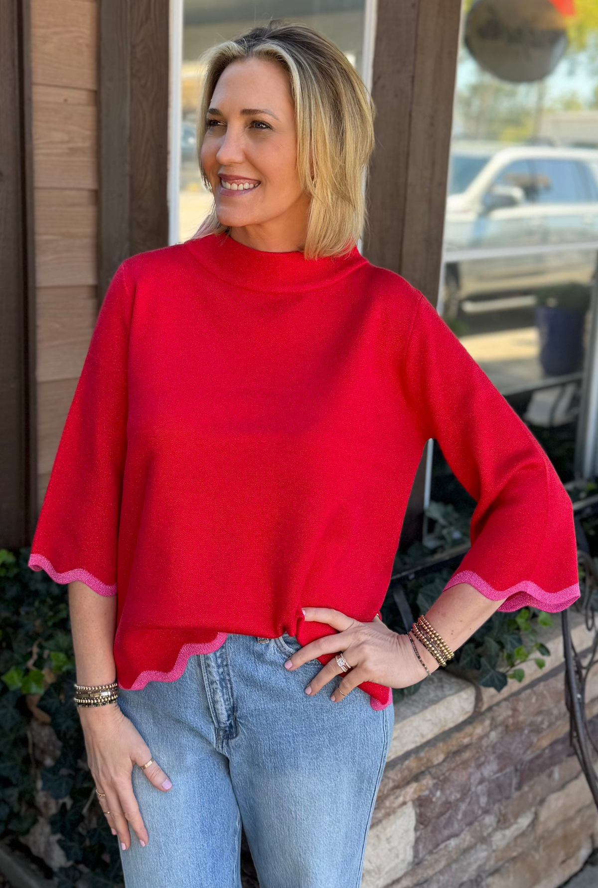 PINK HEM RED SWEATER