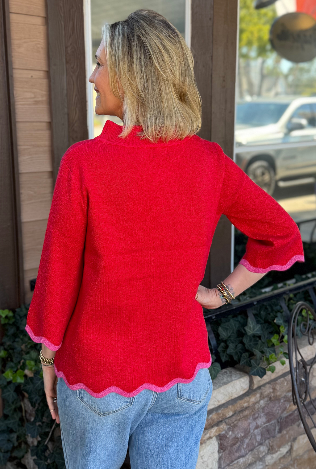 PINK HEM RED SWEATER