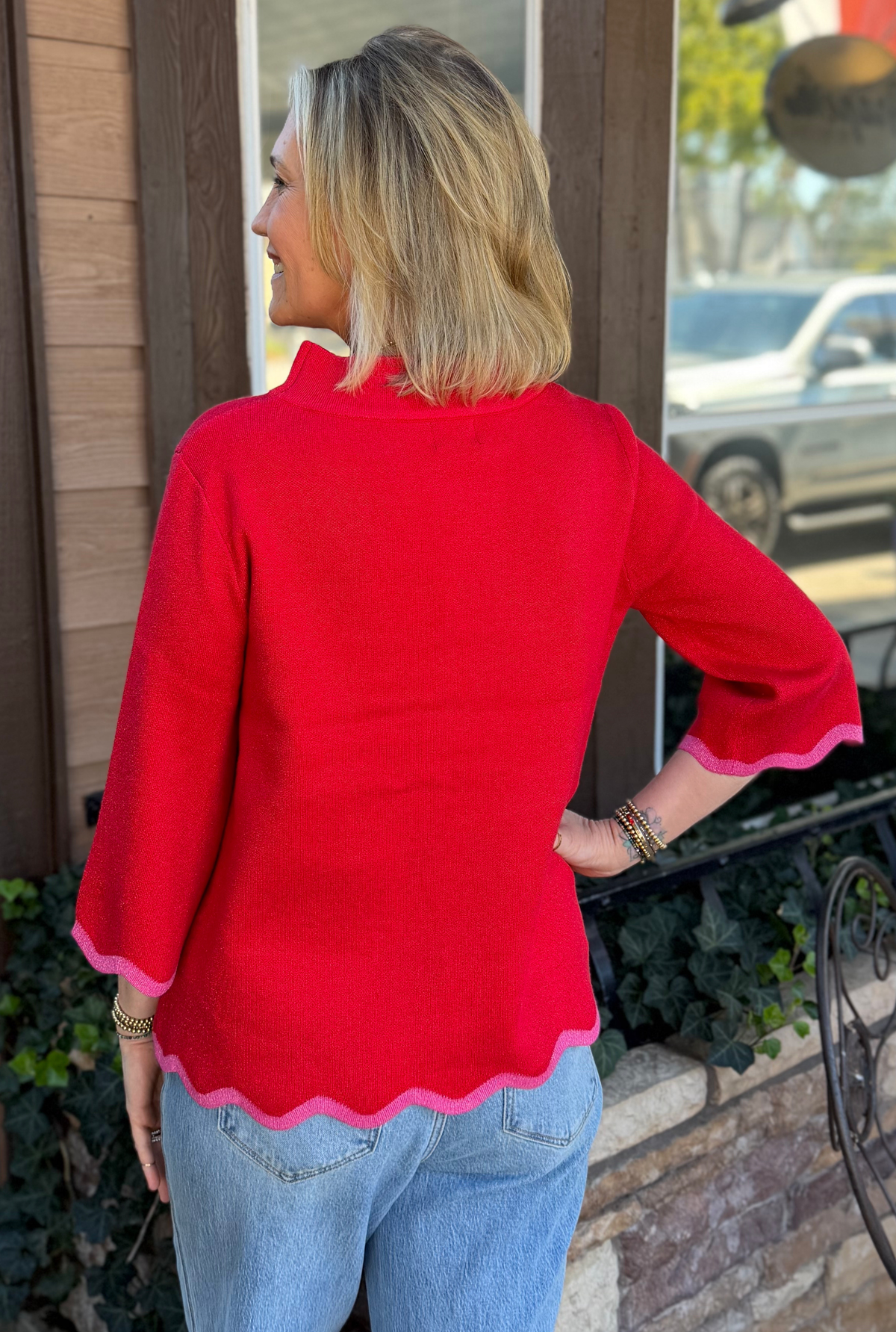 PINK HEM RED SWEATER