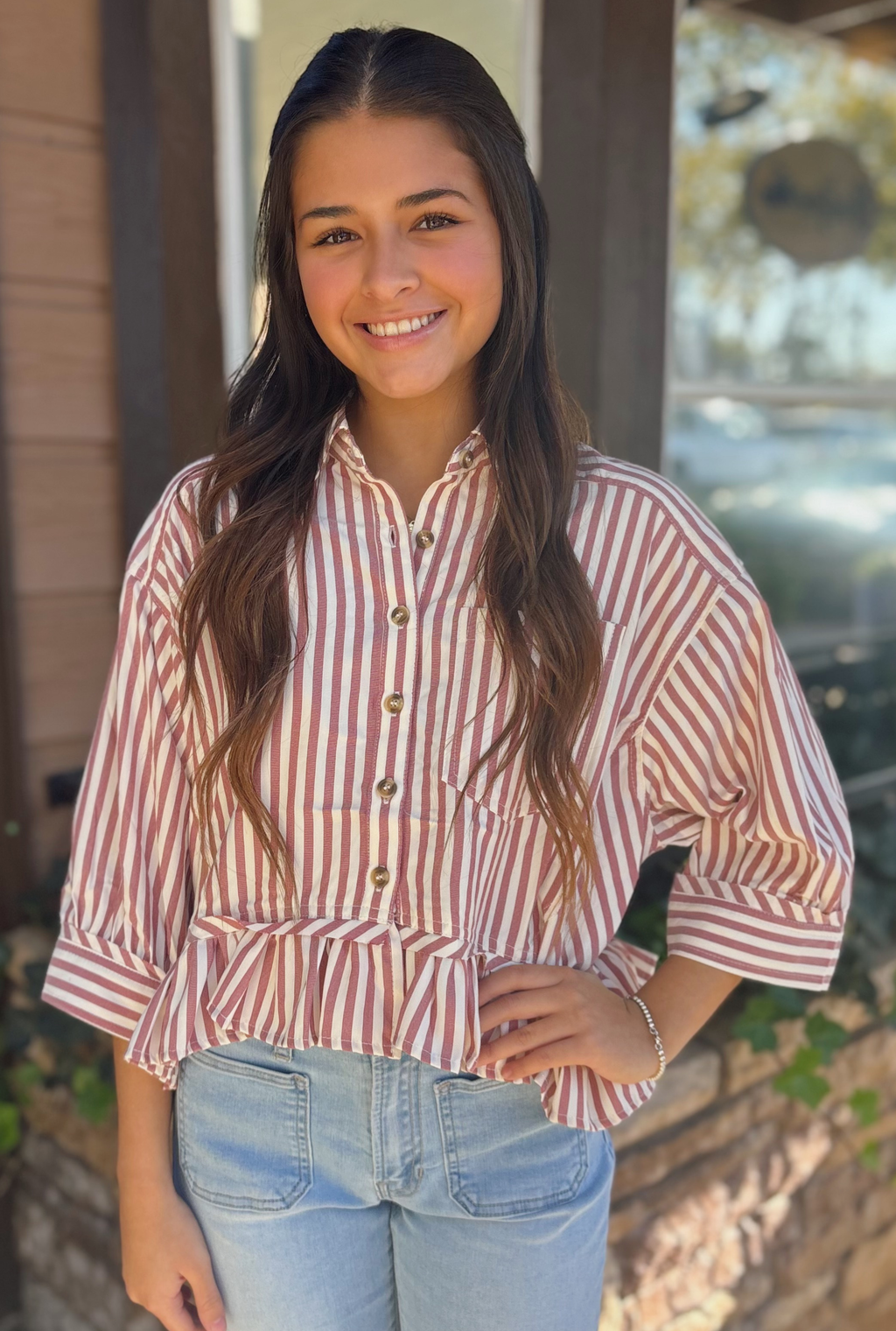 RED STRIPED RUFFLE TOP