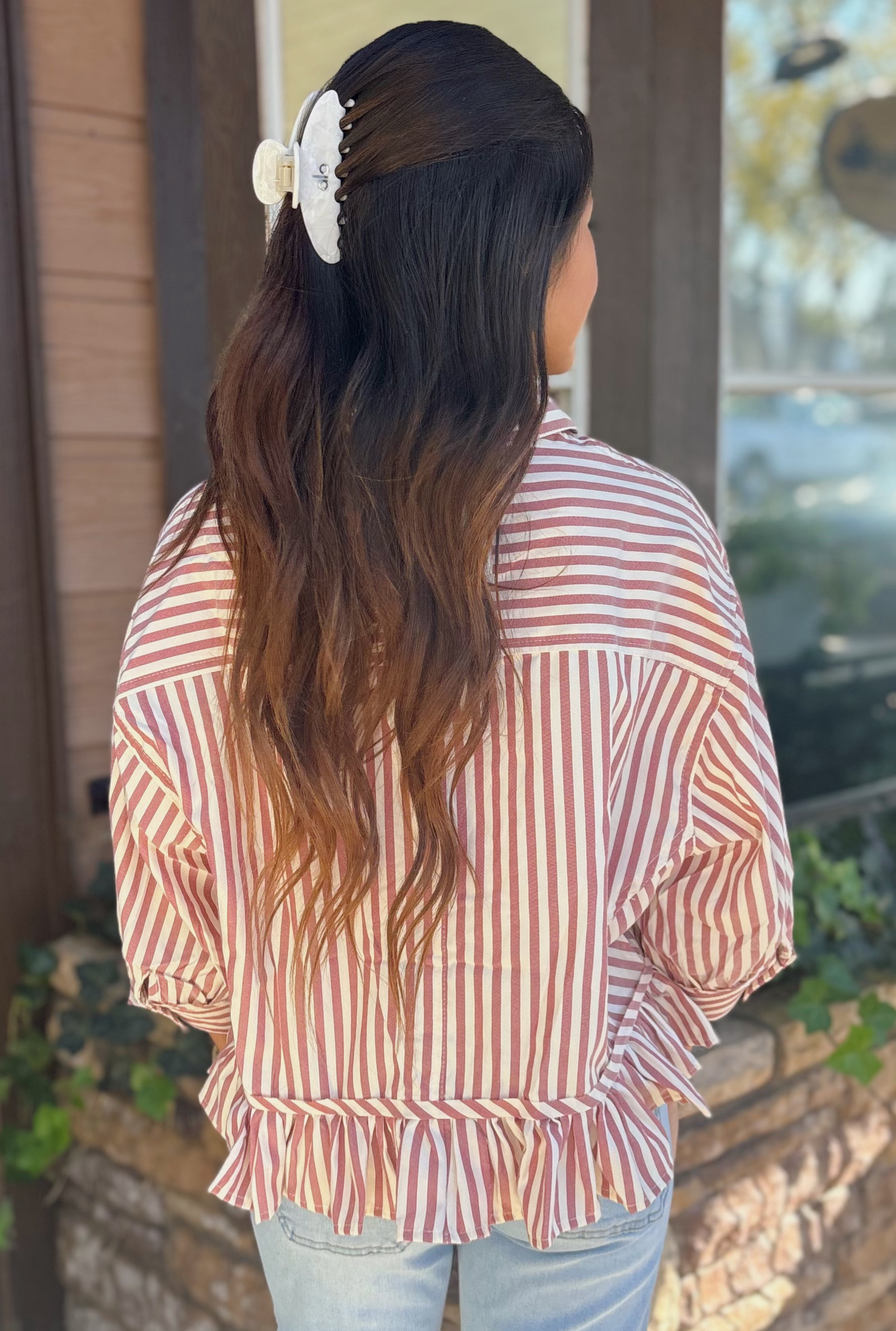 RED STRIPED RUFFLE TOP