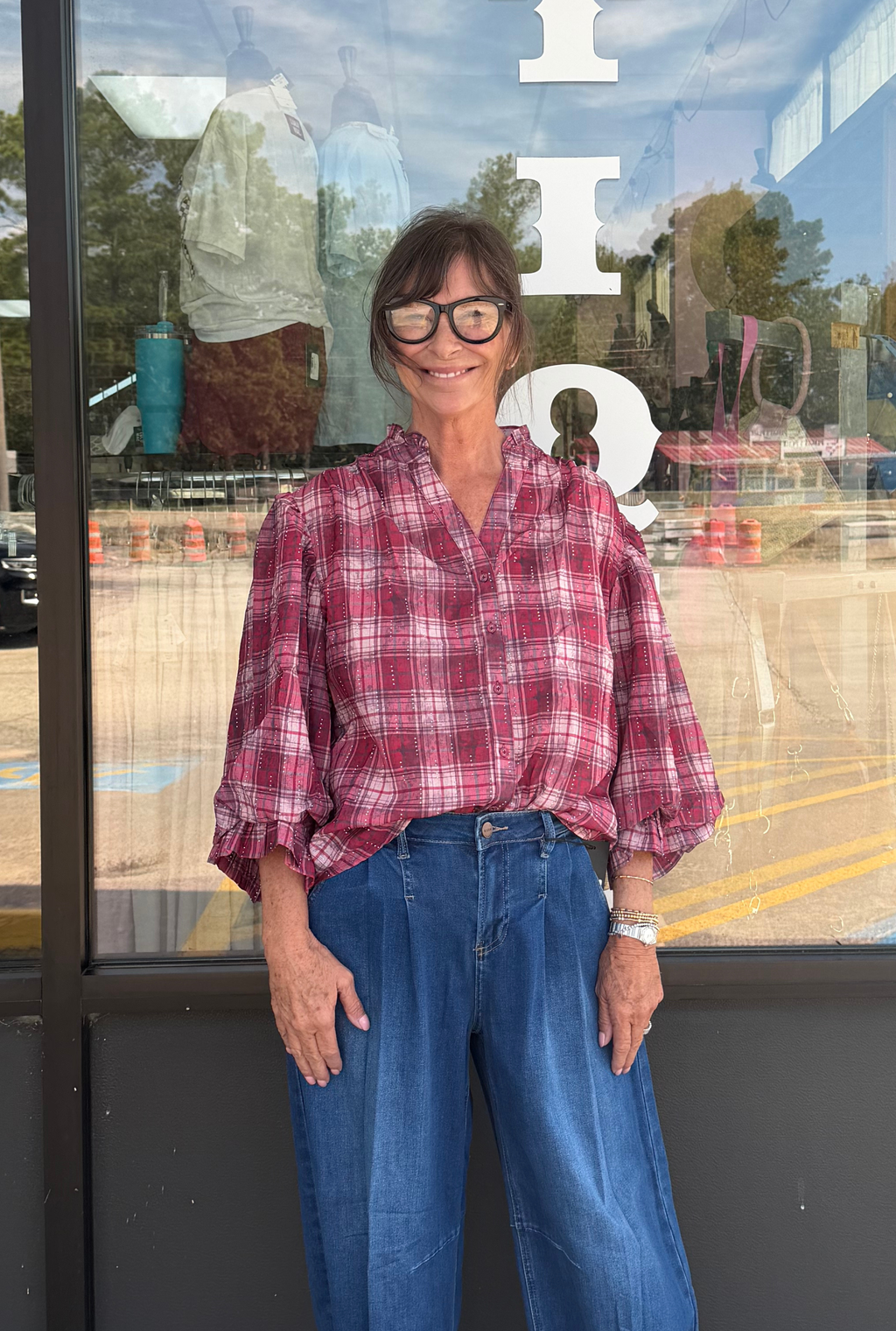 CHERRY PLAID MABEL TOP