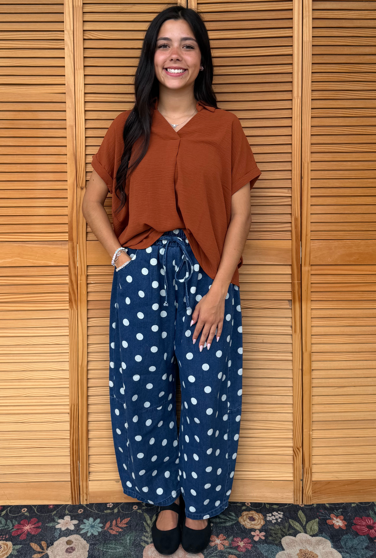 DARK DENIM POLKA DOT BARREL PANTS