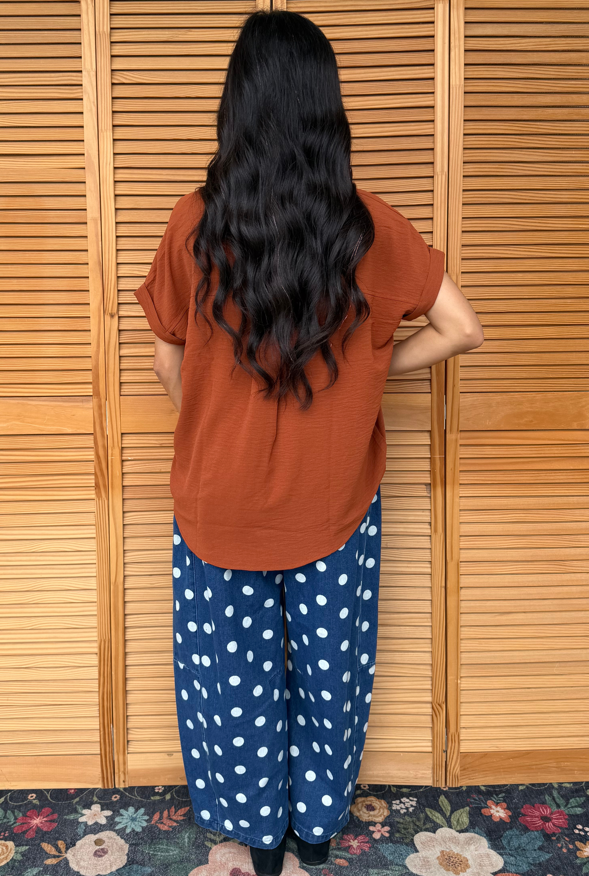 DARK DENIM POLKA DOT BARREL PANTS