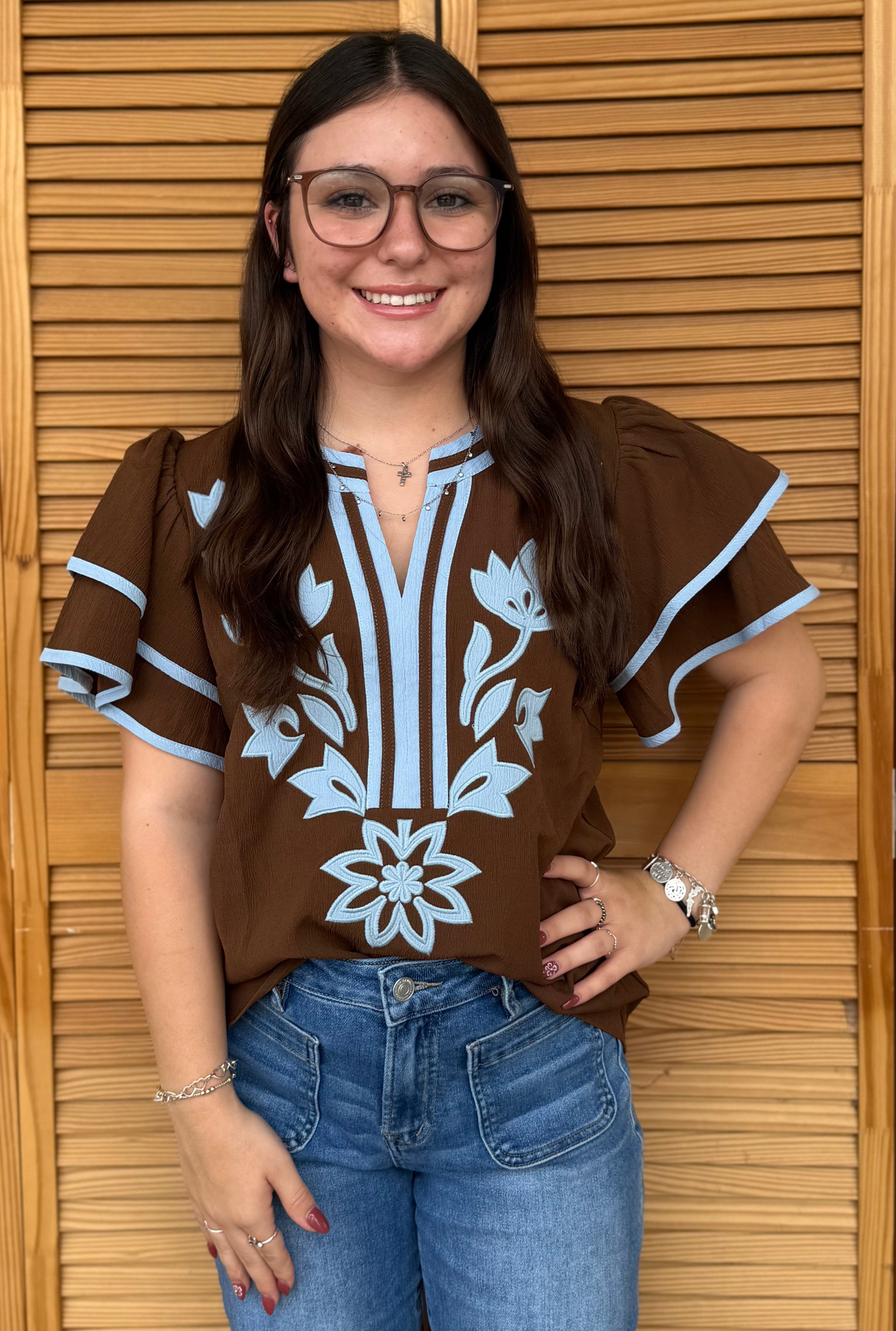 BROWN AND BLUE FLUTTER TOP