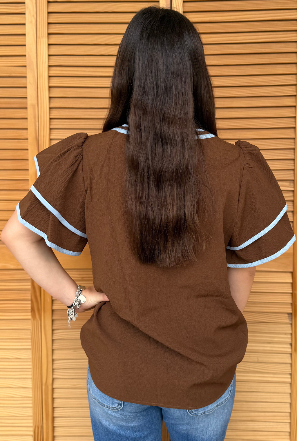 BROWN AND BLUE FLUTTER TOP