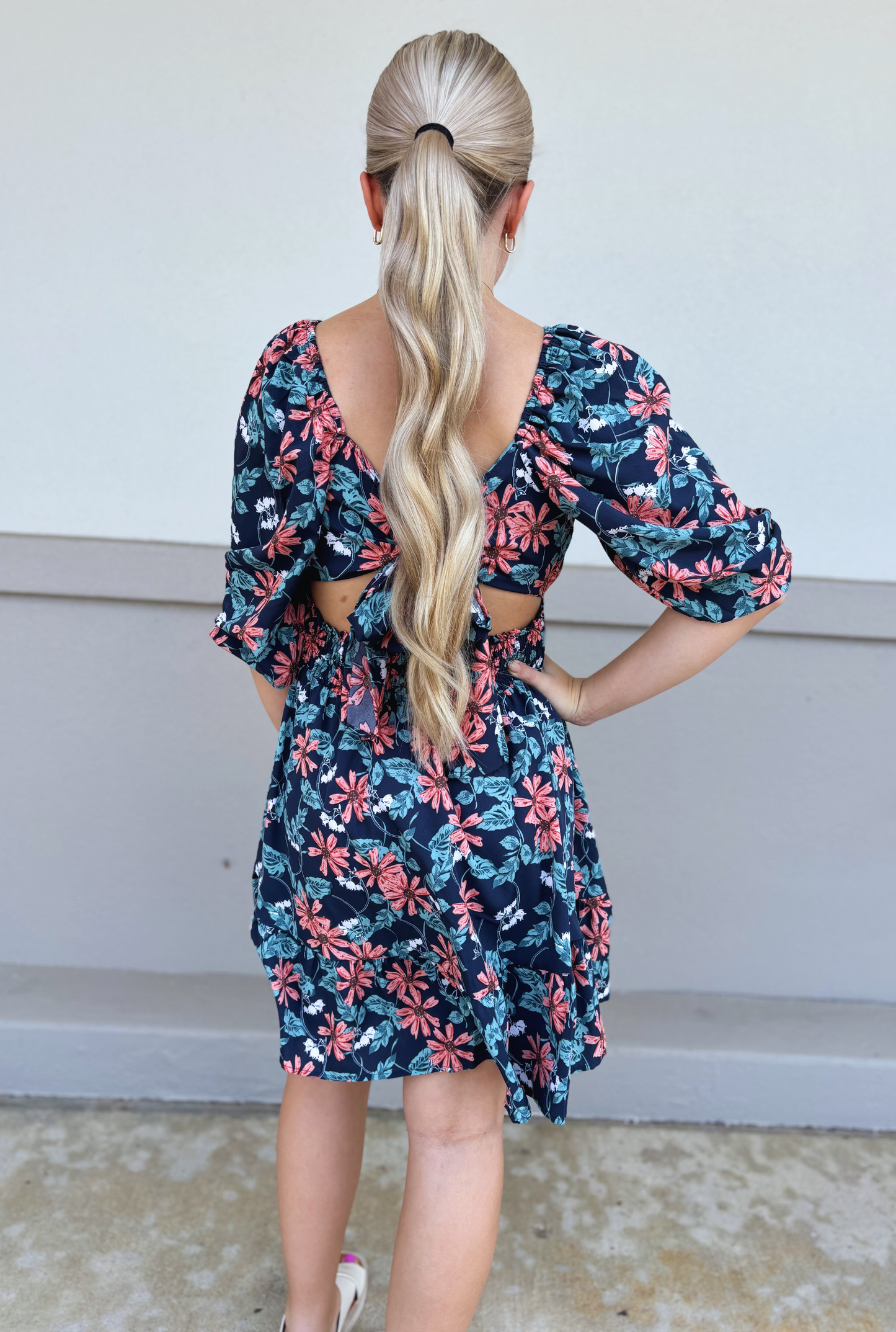 NAVY FLORAL TIE DRESS