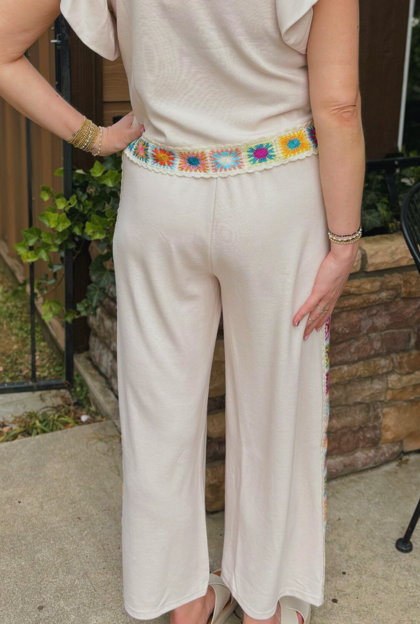 ECRU EMBROIDERED HEM PANTS