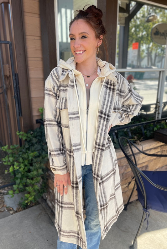 CREAM HOODIE PLAID JACKET