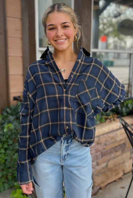 NAVY FLANNEL FALLON TOP