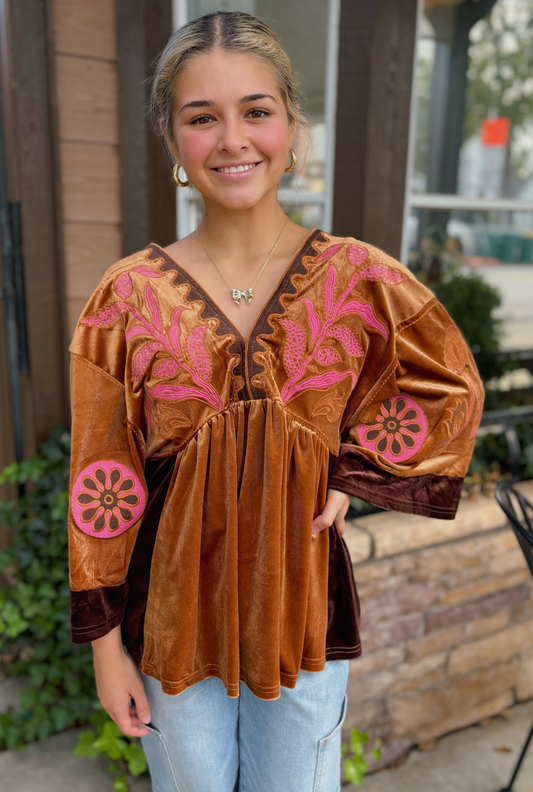 CARAMEL VELVET BOHO TOP