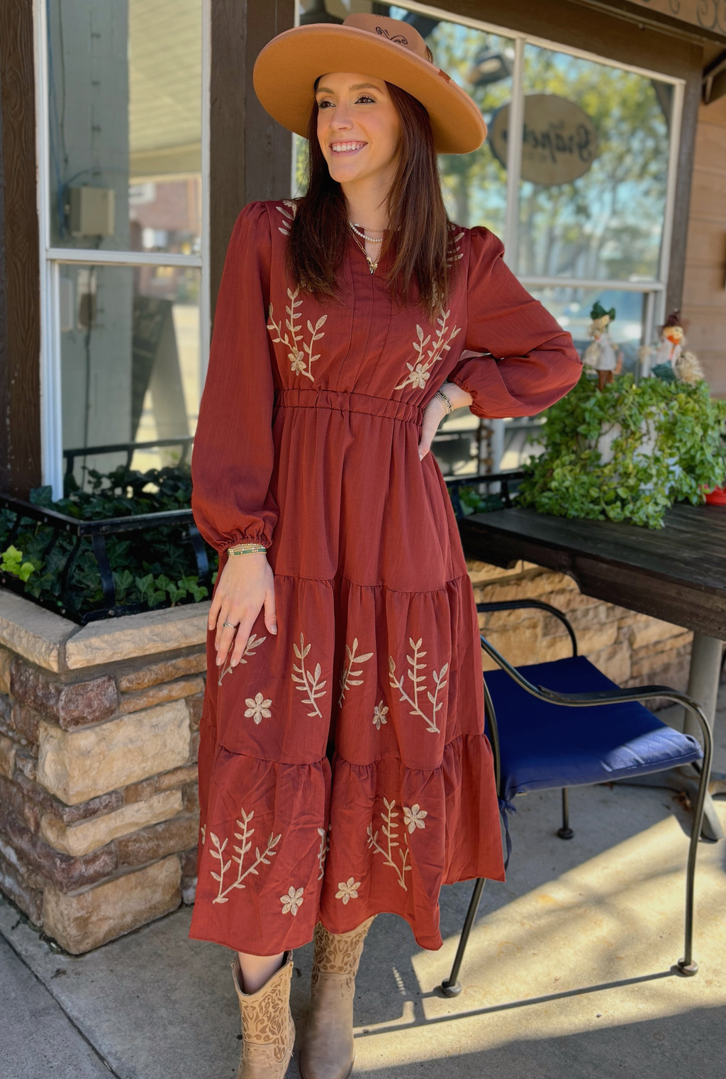 BURGUNDY FLORAL EMBROIDERED DRESS