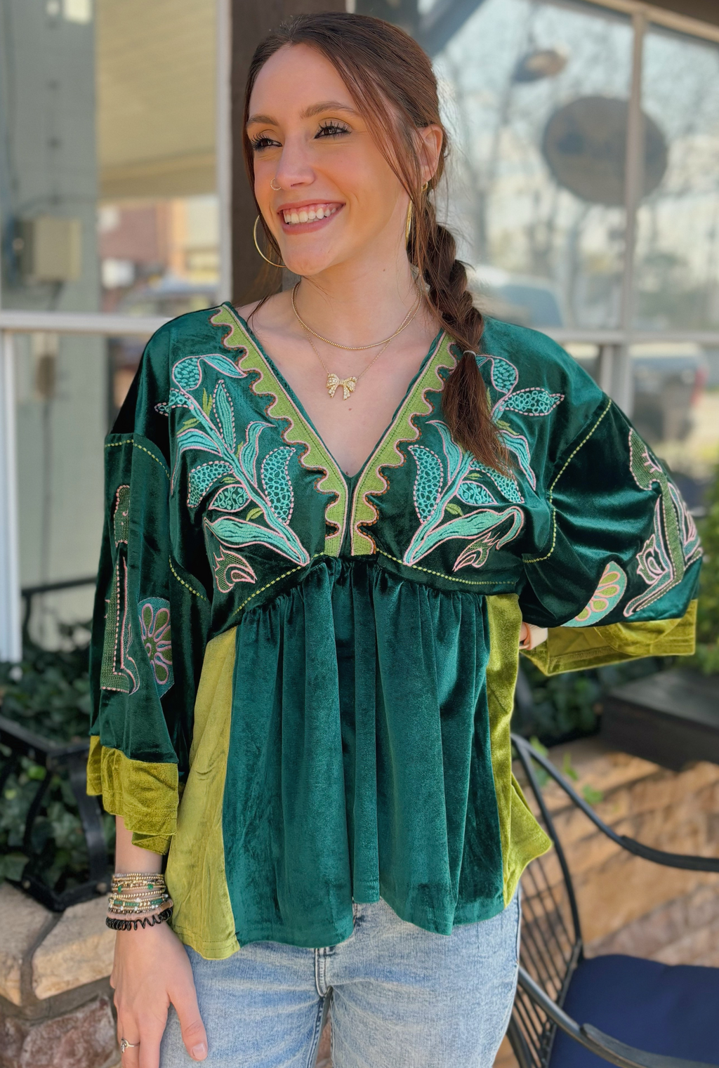 HUNTER GREEN VELVET BOHO TOP