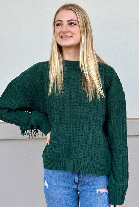 GREEN FRINGE FEELS SWEATER