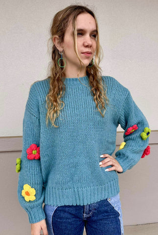 TEAL FLOWER TIME SWEATER