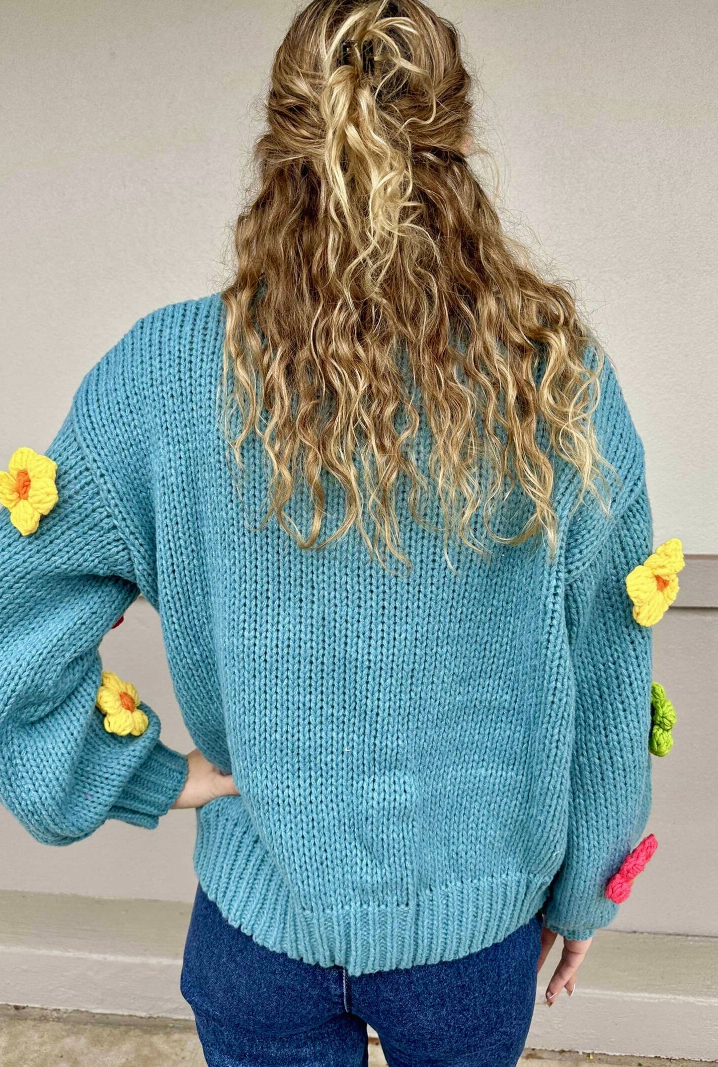 TEAL FLOWER TIME SWEATER