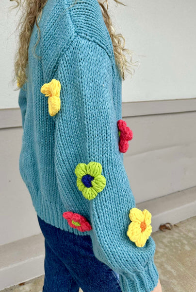 TEAL FLOWER TIME SWEATER
